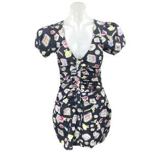 Free People Black Floral Sticker Short Sleeve Vneck Ruched Mini Bodycon Dress XS
